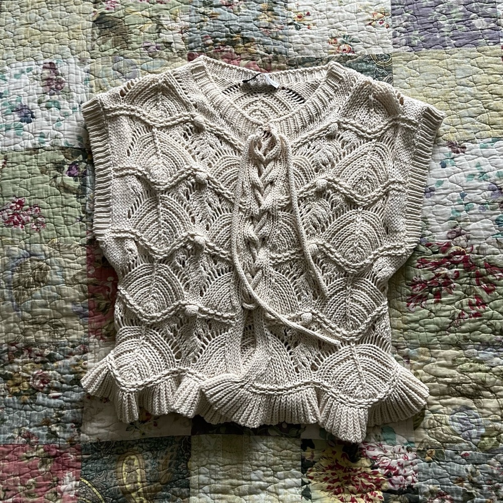Zara Cream Knit Sweater vest with Lace-up Detail